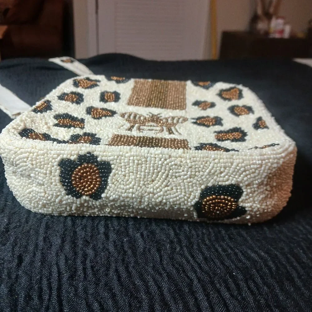 Beaded Bee And Leopard Crossbody Statement Bag 7.5